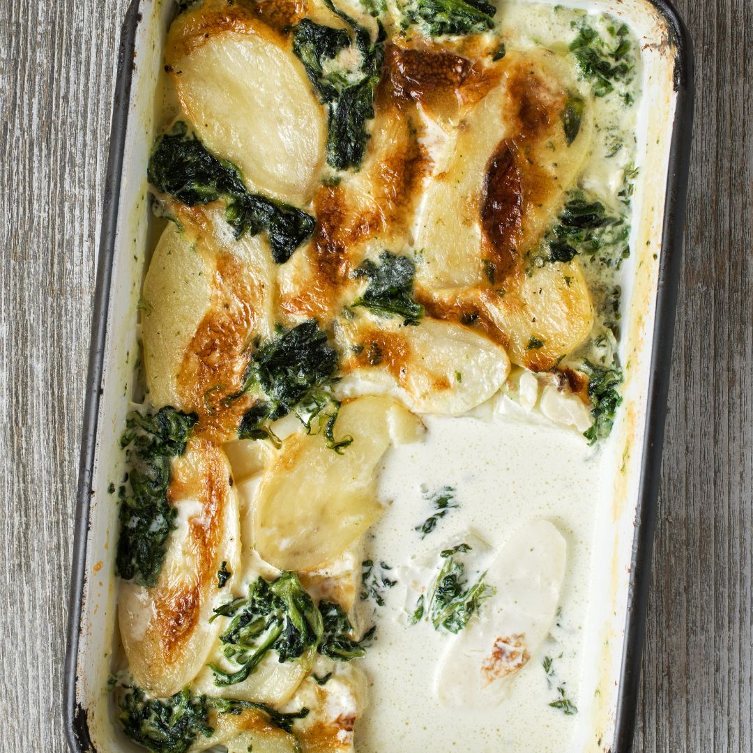 Gratin Dauphinois aux Epinards nappé de Crème Protéinée et de Beurre d'Amande