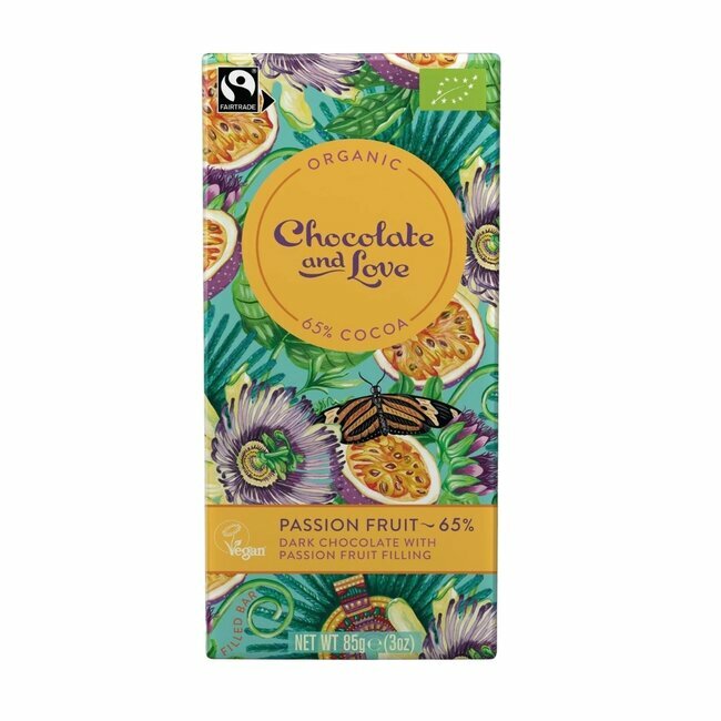 Chocolat Noir 65% fourré aux Fruits de la Passion, Mangue & Orange Bio