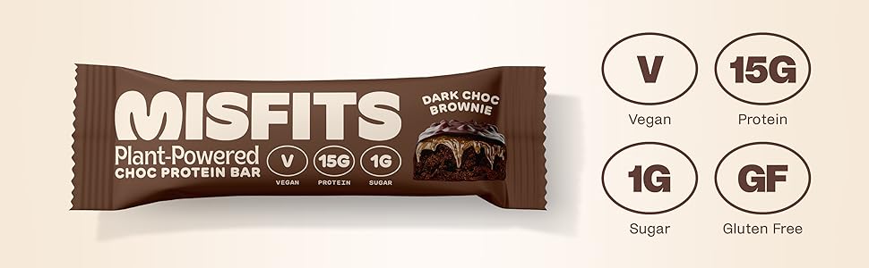 Barre proteine vegan Misfits Dark Choc Brownie low carb sans gluten