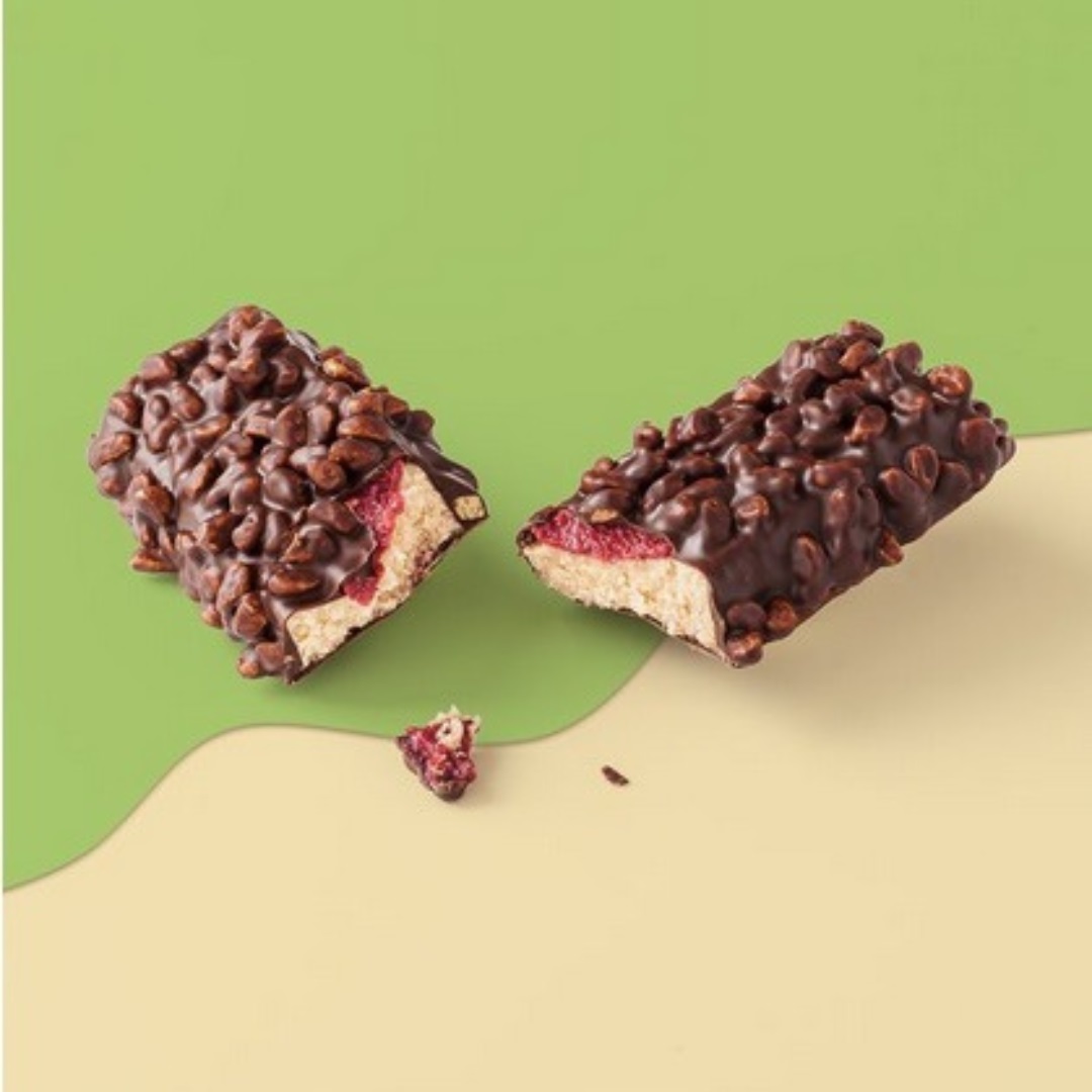 Barre proteine vegan croustillante crispy chocolat framboise HEJ