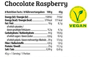 Valeurs nutritionnelles de la barre proteine vegan croustillante crispy chocolat framboise HEJ
