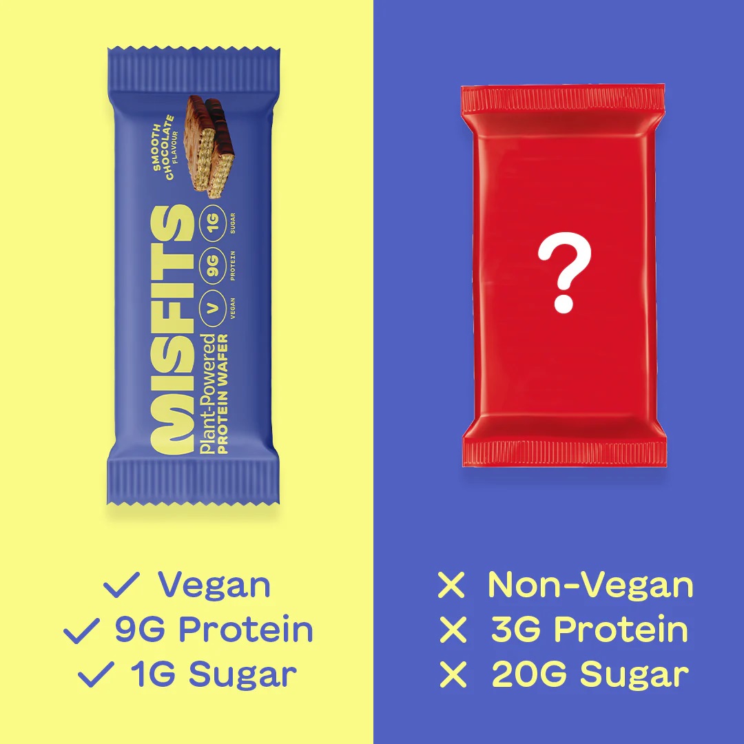 comparaison entre la gaufre proteine vegan misfits sans gluten pauvre en sucre et les autres gaufres