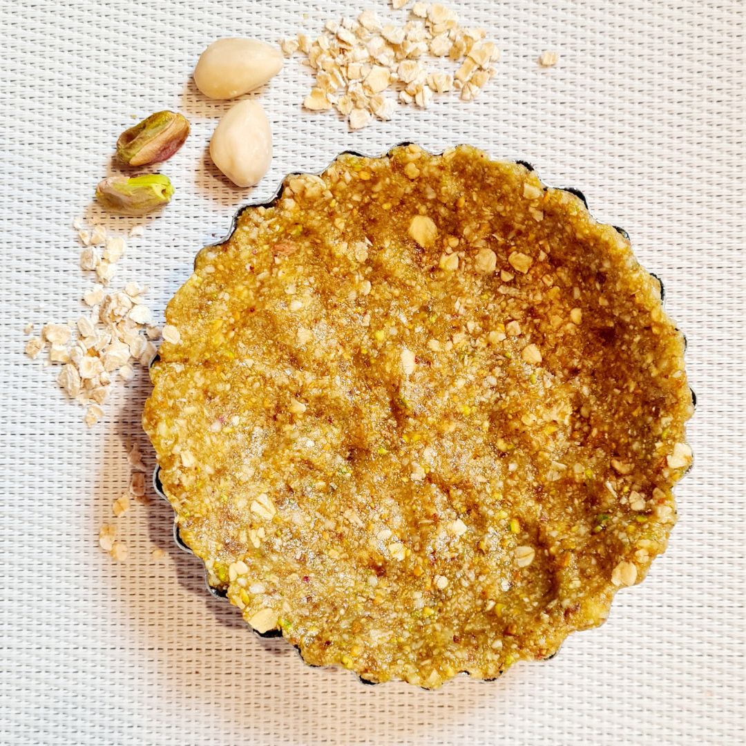 pâte à tarte healthy cru sans cuisson aux amandes pistaches flocons d avoine sirop d erable huile de colza